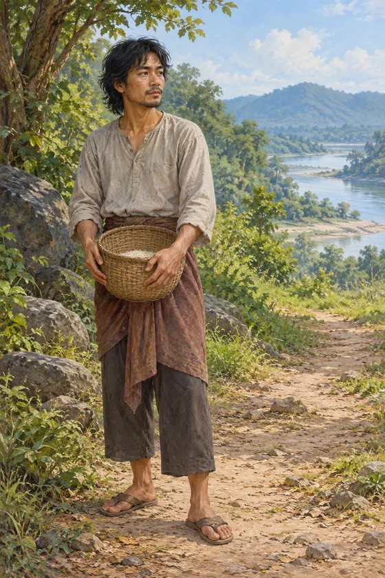 A complete adult traveller holds a plain rice basket beside a quiet path