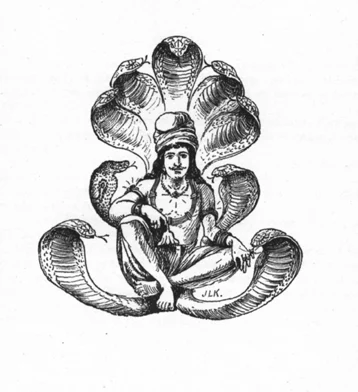 Kipling’s seated snake king surrounded by hooded cobras, 1894