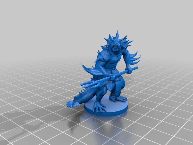 Blue fishlike humanoid miniature with finned head, clawed webbed feet, thick tail and held trident on a circular base over a grey grid.