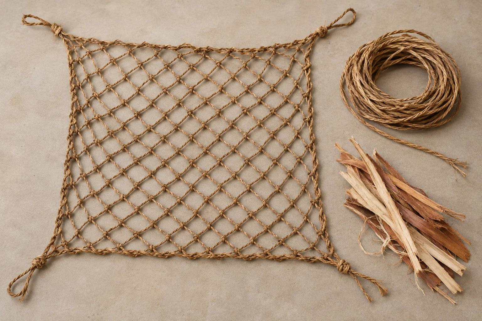Complete square fishing net, fibre cord and bark strips.