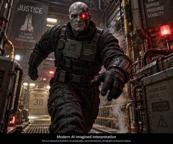 AI imagined early Justice-era Simulant with a red eye appliance in an industrial interior.