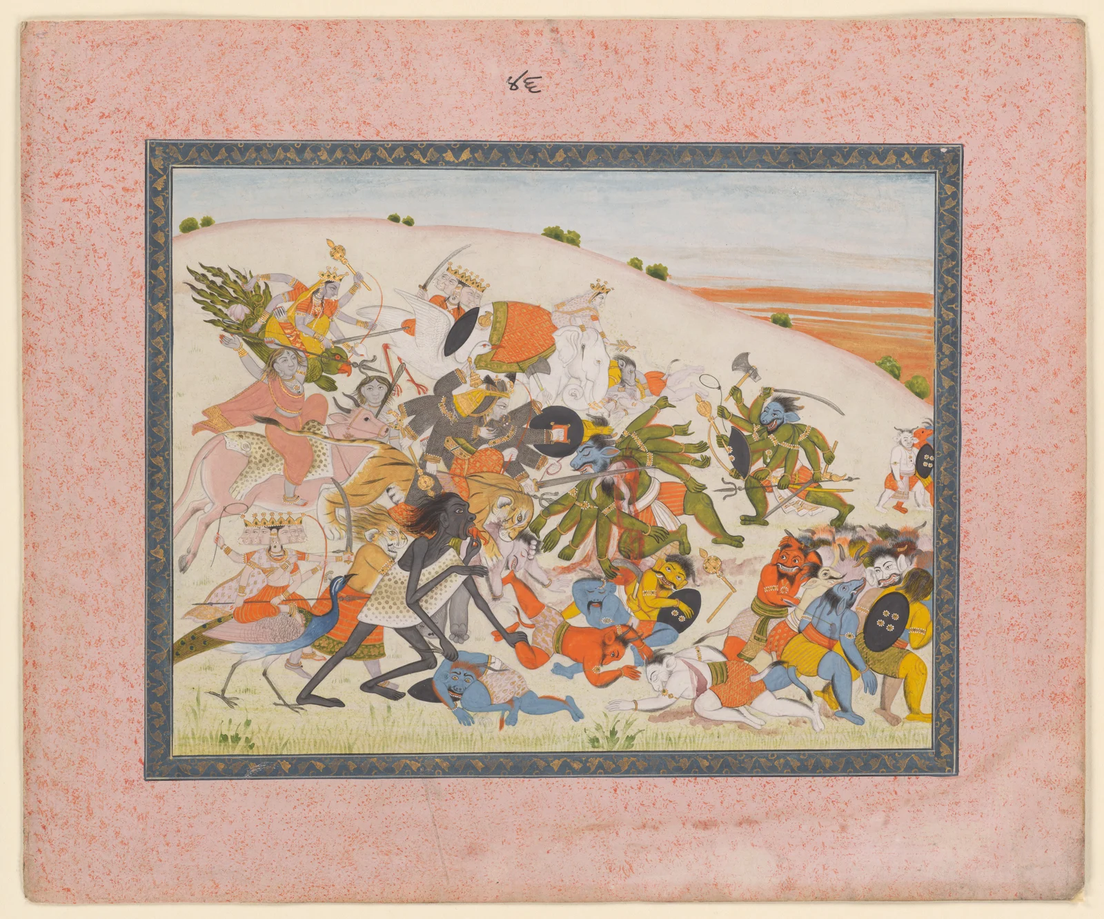 Durga on a tiger and allied goddesses attack a demon army. At upper right a green many-armed demon with a blue face charges toward her with raised weapons; another similar demon is struck in the centre.