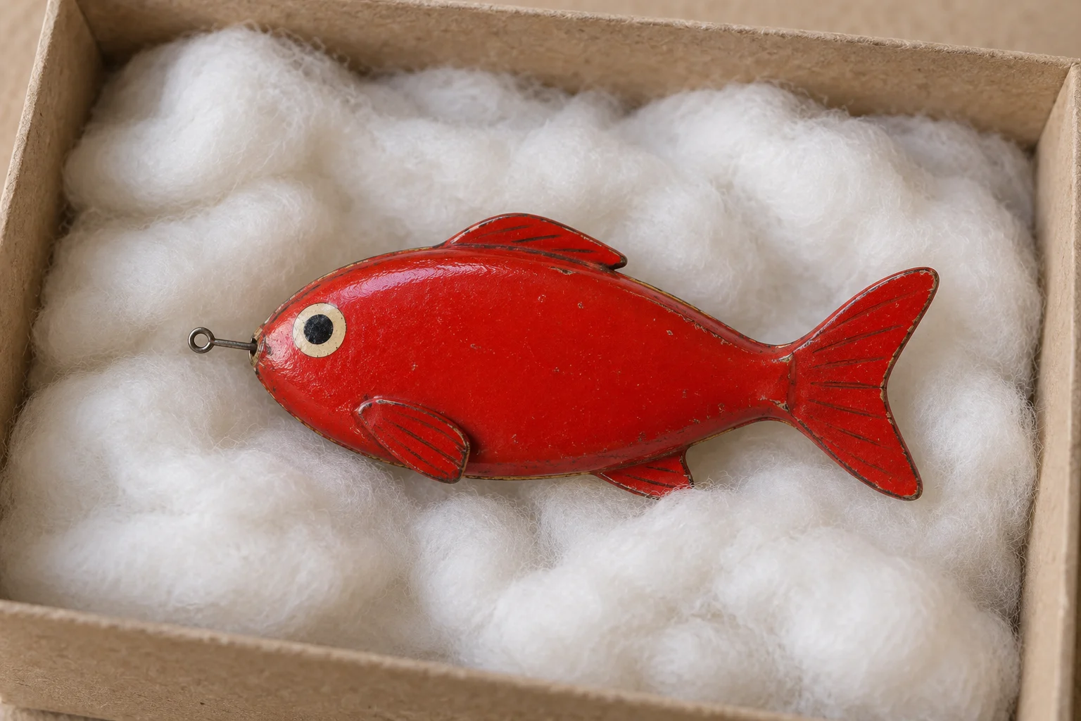 A small bright red tin fish with a painted eye and a tiny nose wire resting on cotton-wool.