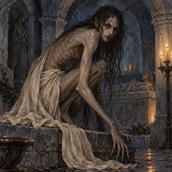 An imagined Netflix-version Striga draped in cloth in a quiet crypt.