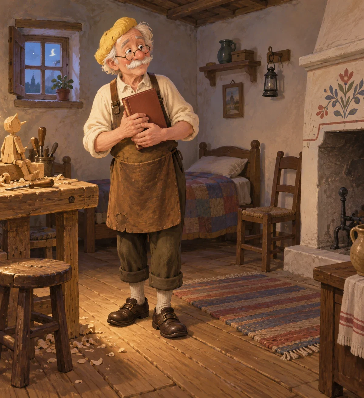 Imagined Geppetto returns with the schoolbook after selling his coat.