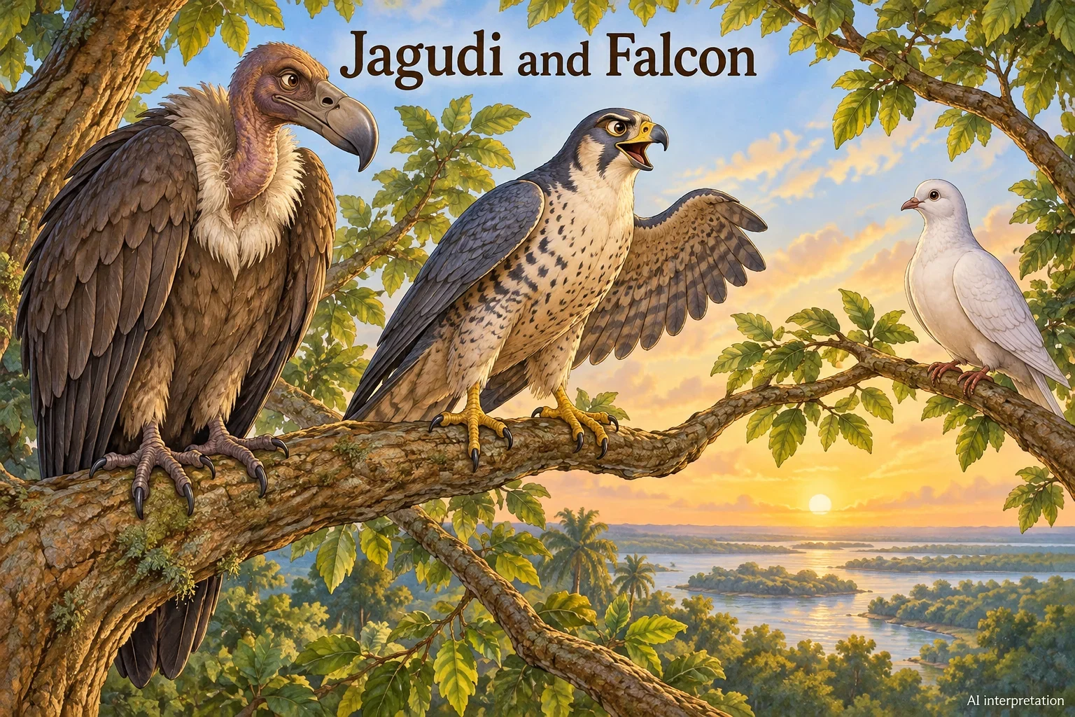 Jagudi and a falcon perch together, with a dove nearby.
