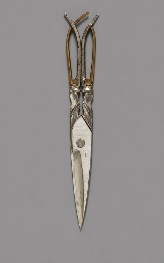 Étui scissors with pointed blades and folding handles.