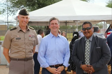 Pascua Yaqui Tribe Chairman Julian Hernandez with Col. Andrew Baker and Representative Greg Stanton at a water-project groundbreaking near Tucson in September 2025