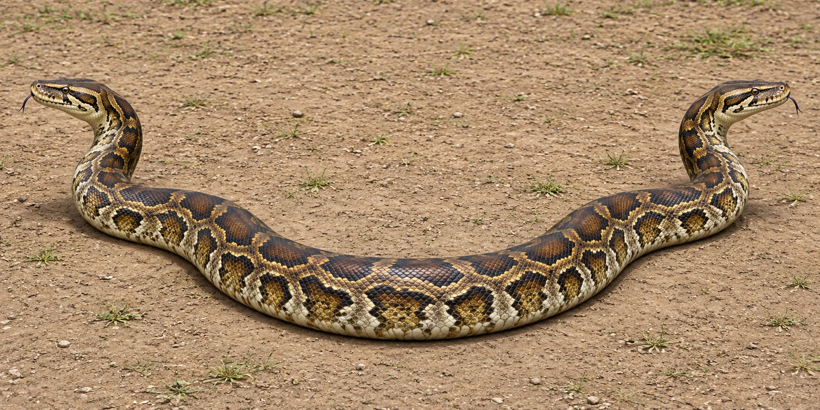 An imagined long serpent with a head at either end of one curved body.