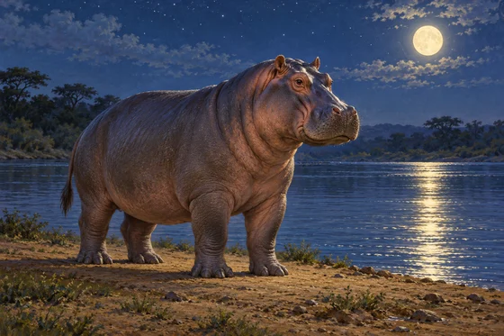 Complete imagined hippopotamus standing above water on a night riverbank.