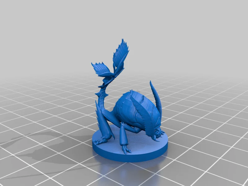 Blue rendered rust monster miniature with rounded segmented body, four legs, two long forward antennae and raised fan-ended tail, standing on a circular base over a grey grid.