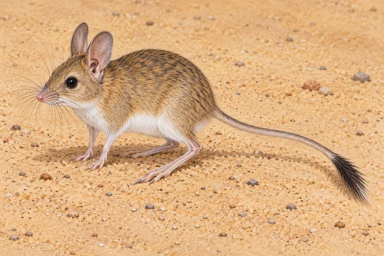Sandy mouse with long hind feet and brushed tail.