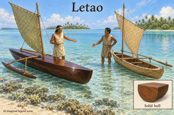 AI Letao canoe deception scene; figures and construction imagined.