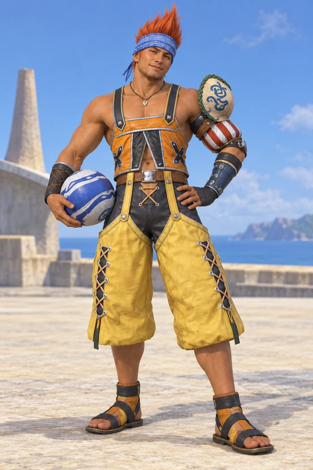 Wakka: tall orange hair, patterned blue headband, orange-black sleeveless top, yellow laced knee-length shorts, sandals, asymmetric arm protection, round blitzball.