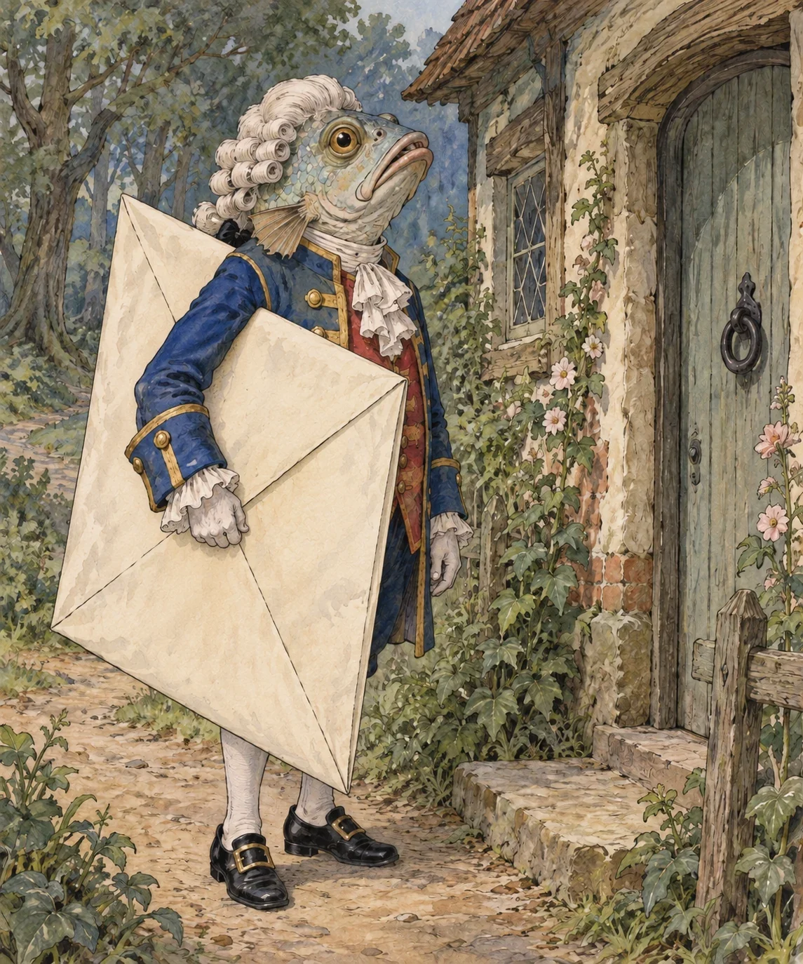 Unofficial modern AI interpretation of Carroll’s Fish-Footman with fish-like face, curled powdered hair, livery and an enormous invitation. Species-like details, costume colours, pose and house are imagined.