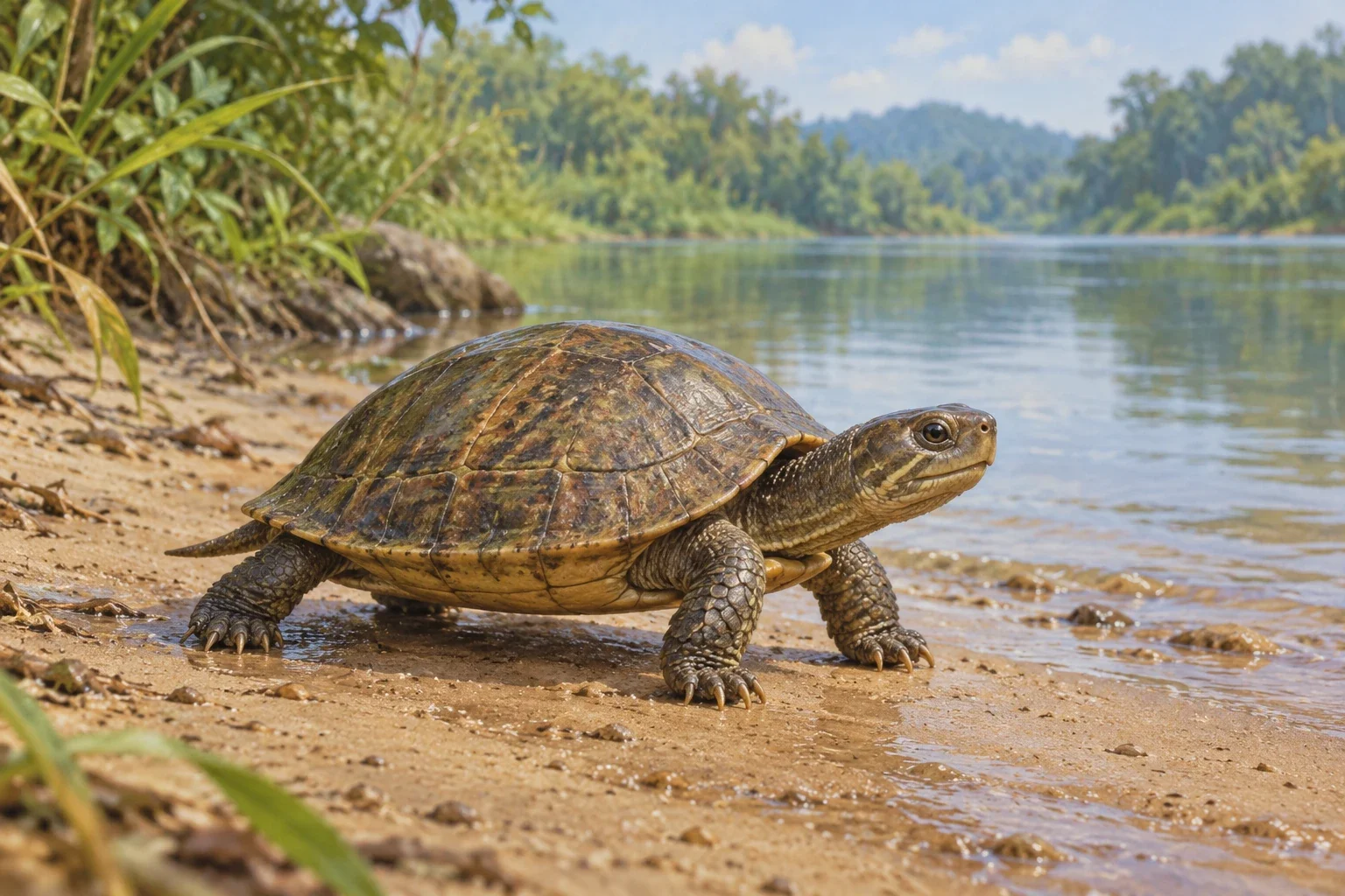 A small complete water-tortoise walks on damp sand beside a quiet river