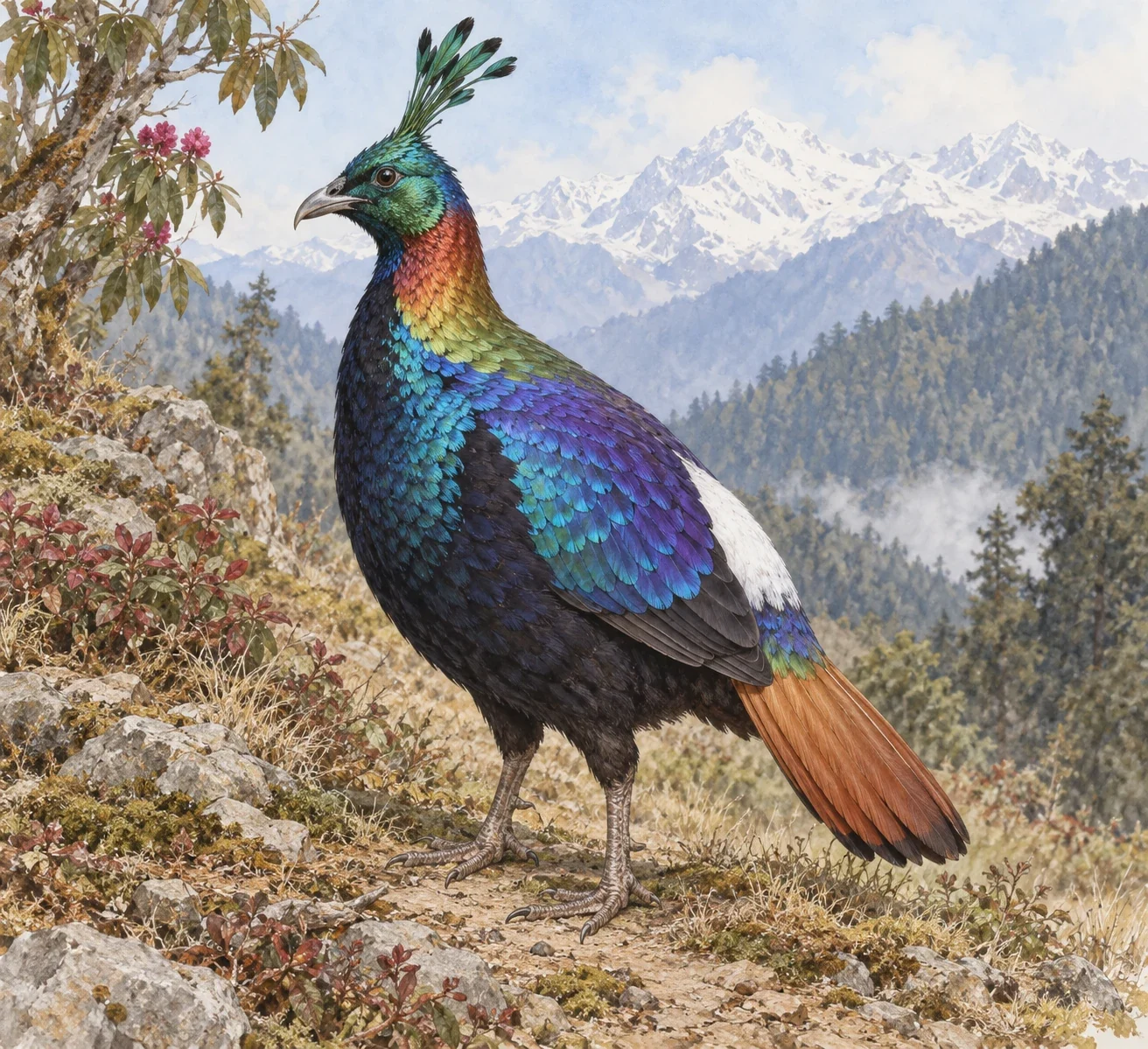 Modern AI interpretation of a whole mature male Himalayan monal.