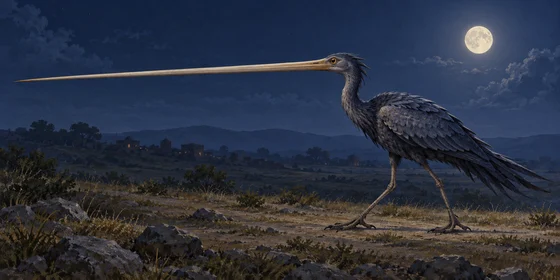 Complete imagined bird with an exceptionally long intact beak beneath moonlight.