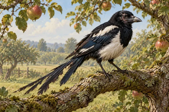 A ragged black-and-white magpie with a worn beak stands on an apple-tree branch.