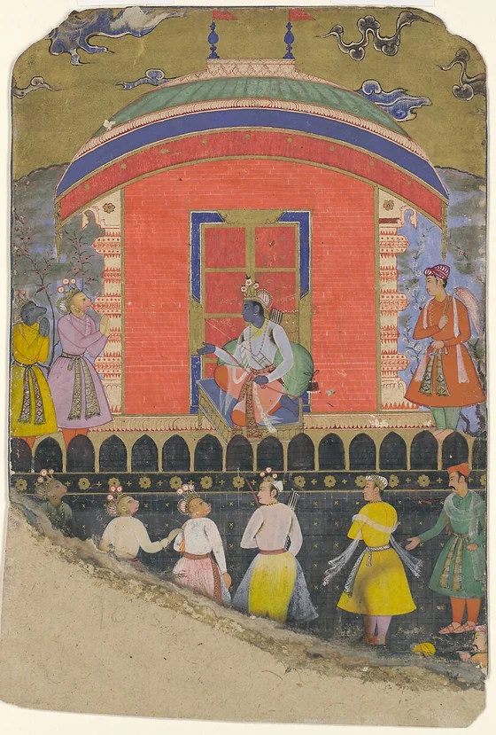 Jambavan, dark bear-headed king at far left in yellow robe, beside Sugriva before seated Rama, Ramayana folio ca.1605