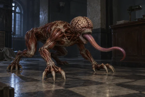 Blind quadrupedal creature extends its tongue in a dim hall.
