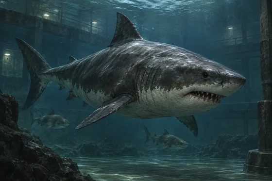 Huge altered shark swims above two smaller sharks.