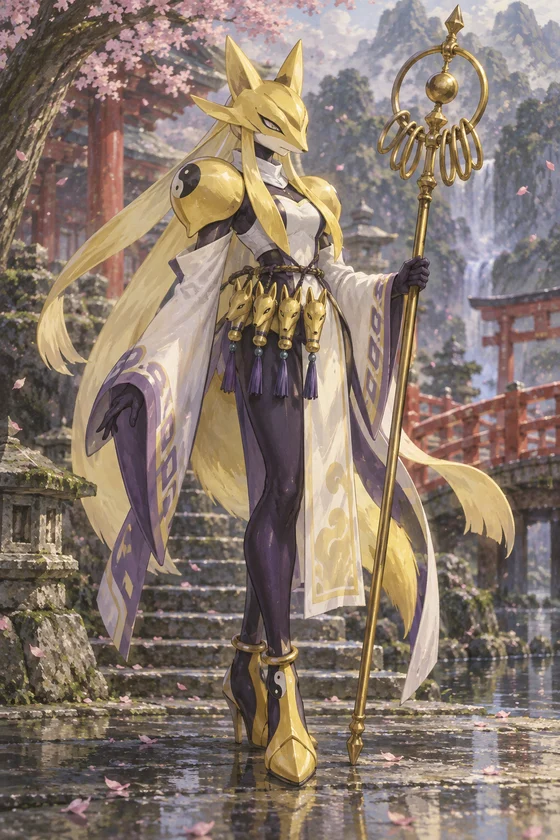 Gold and purple priestess-like figure holds a staff beside blossoms.