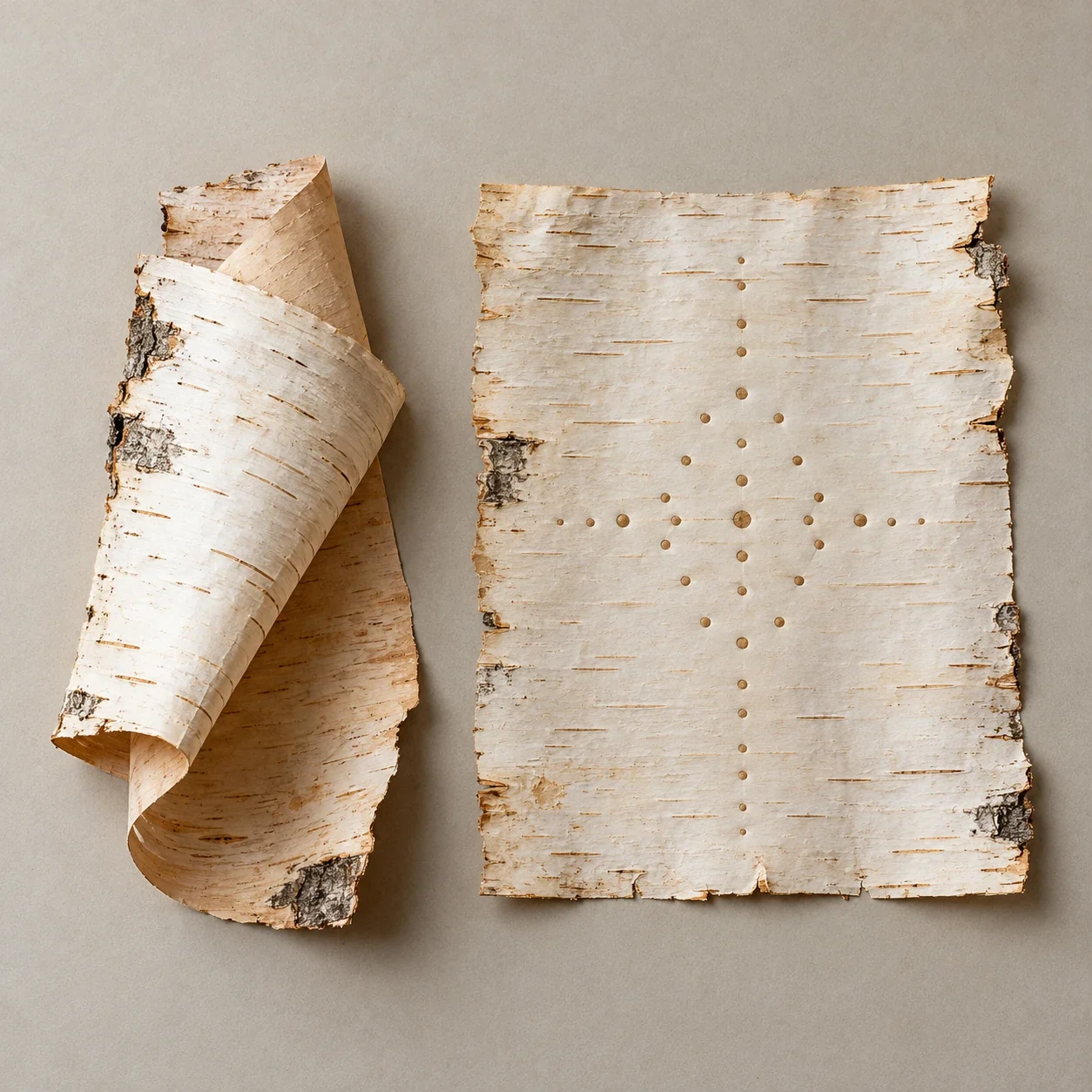AI-generated material study of folded and opened birchbark with a generic geometric pattern.
