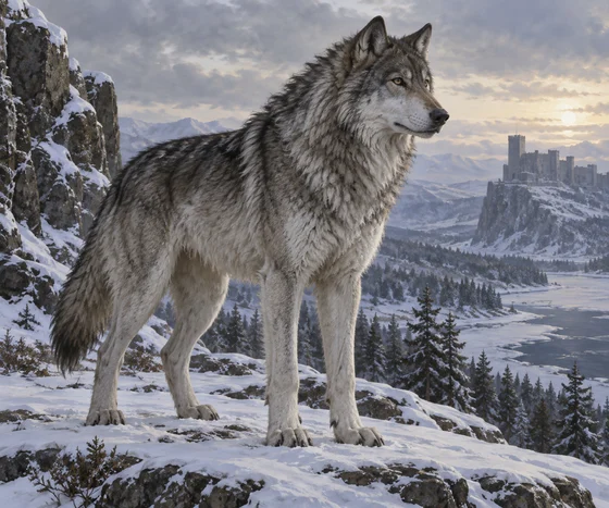 Large grey wolf stands on a snowy ridge.