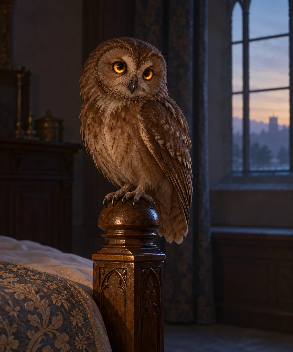 A complete dusky-brown owl with softly glowing eyes perches on a wooden bed-post.