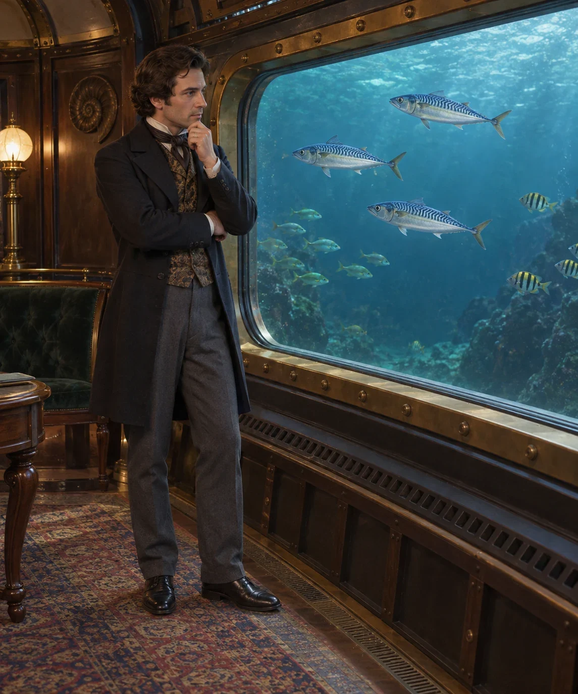 Imagined Conseil observes blue-and-silver and green fish through an oblong submarine window.
