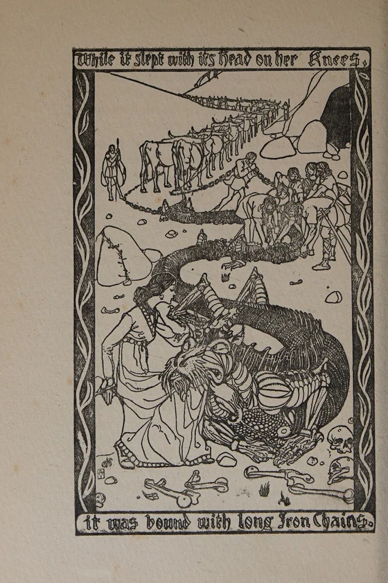 Willy Pogany’s later Afanc illustration: the creature resting on a woman’s knees and being dragged by oxen