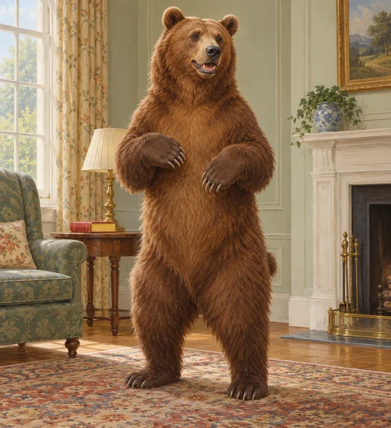 A grizzly stands on its hind legs in a sitting-room beside a closed red-and-yellow book