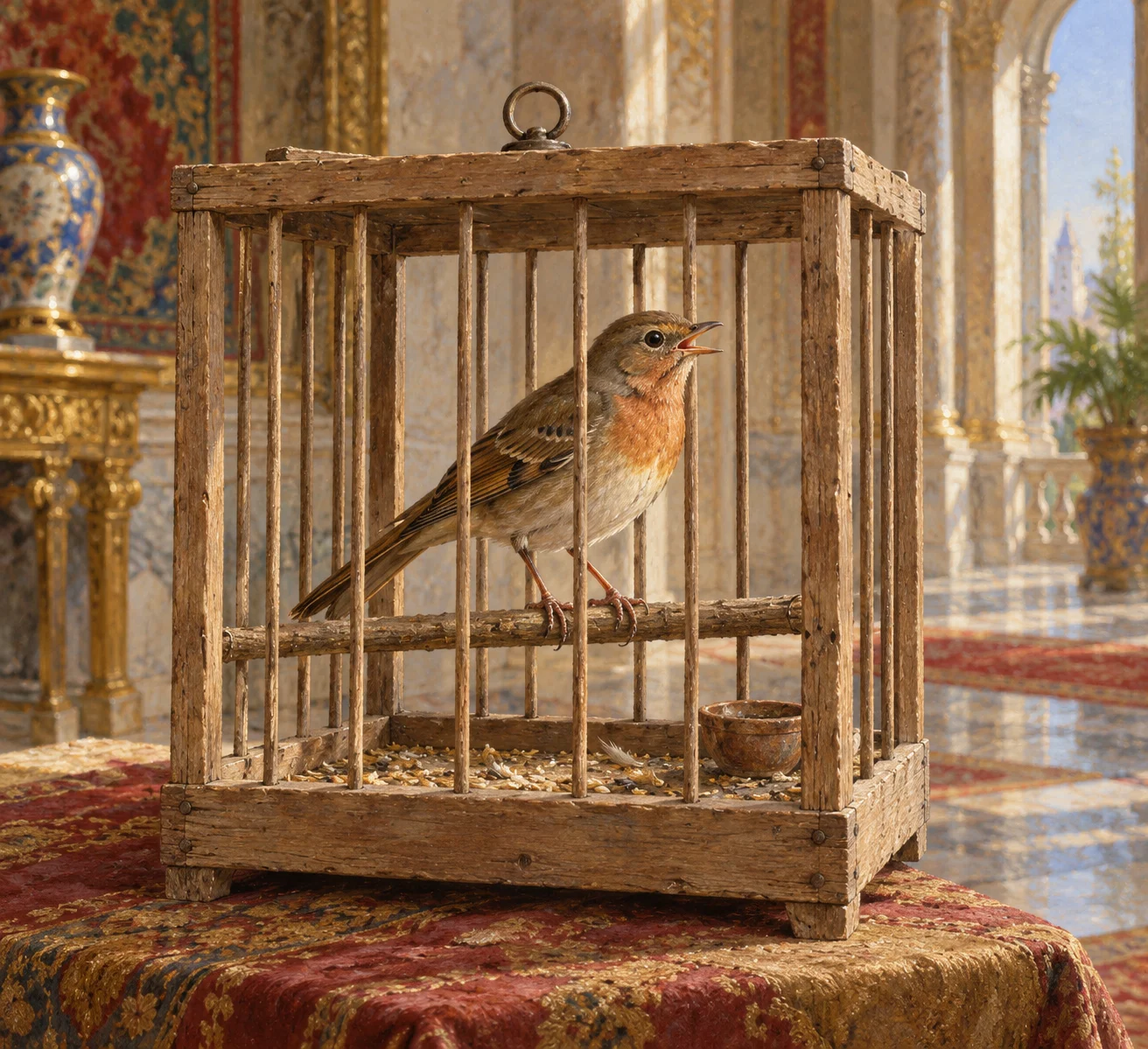 Whole singing bird inside a complete wooden cage.
