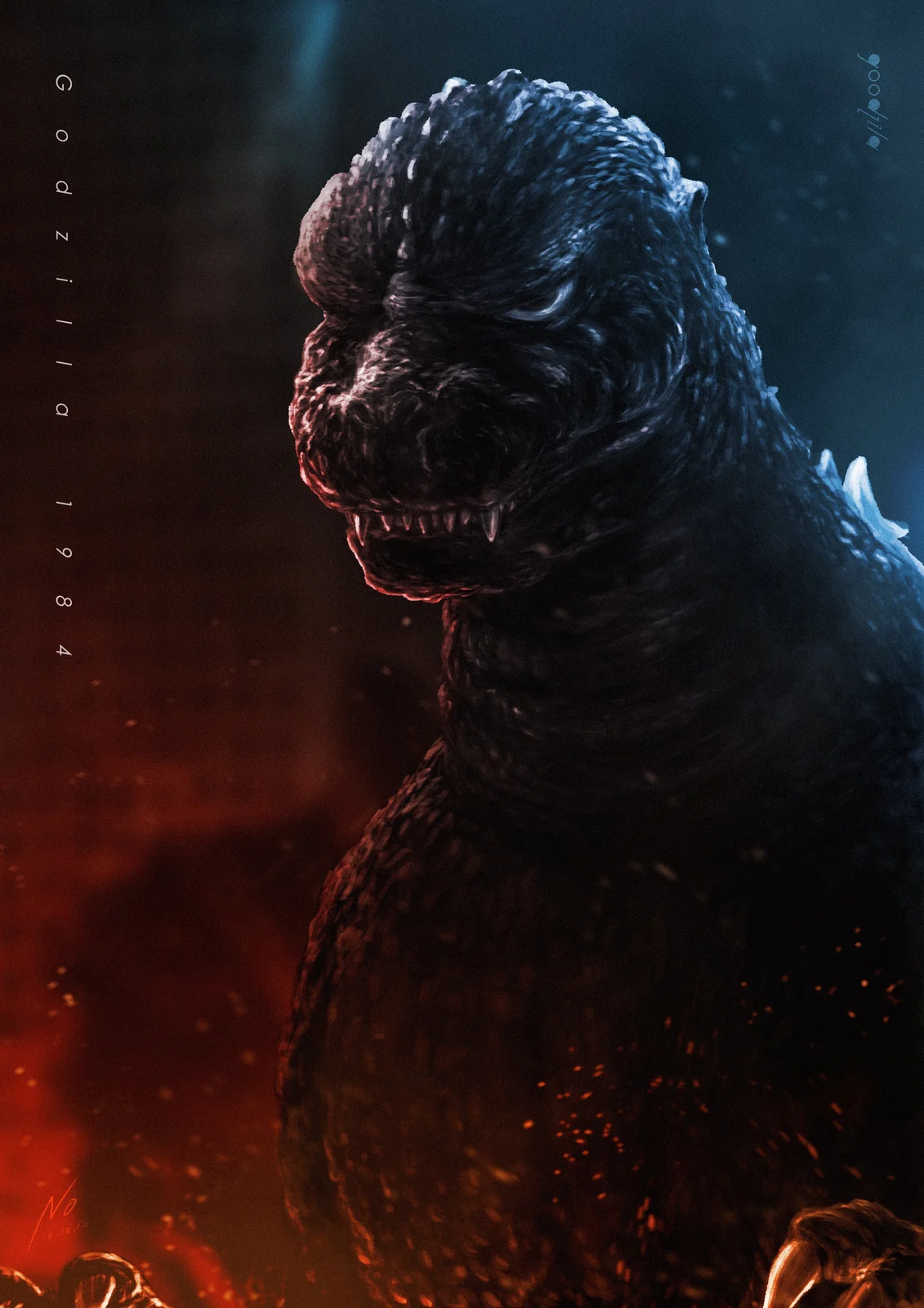 Noger Chen’s Godzilla 1984 fan portrait: dark ridged head, small eyes and teeth, blue-lit dorsal plates, red sparks below, with the vertical title and artist signature retained.