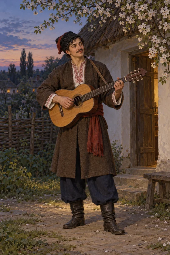 Levko playing a guitar outside a cherry-shaded cottage