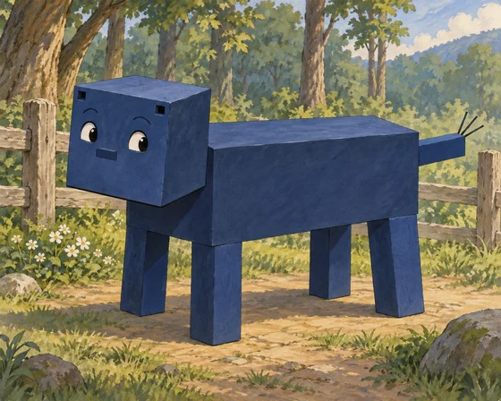 Unofficial AI interpretation of Baum’s Woozy: dark-blue block body, flat nose, lower-edge mouth, four legs and three tail hairs. Pose, expression, fence and forest are imagined.