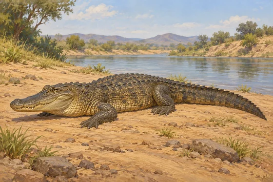 A crocodilian rests on dry ground beside a river.