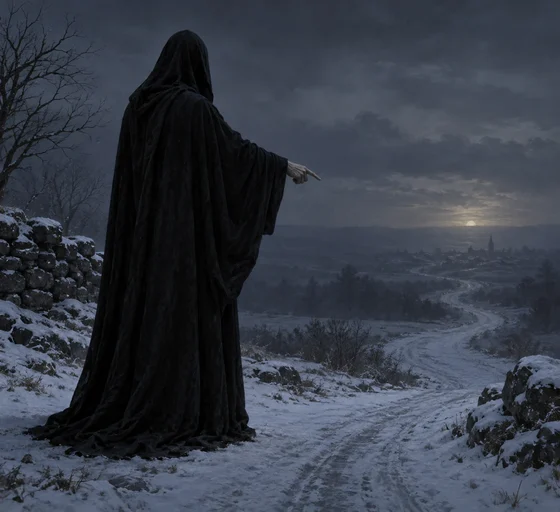 Imagined Ghost of Christmas Yet to Come in a quiet original-novel portrait.