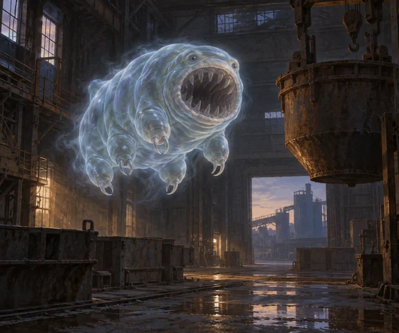 Translucent large-mouthed creature hovers inside an empty foundry.