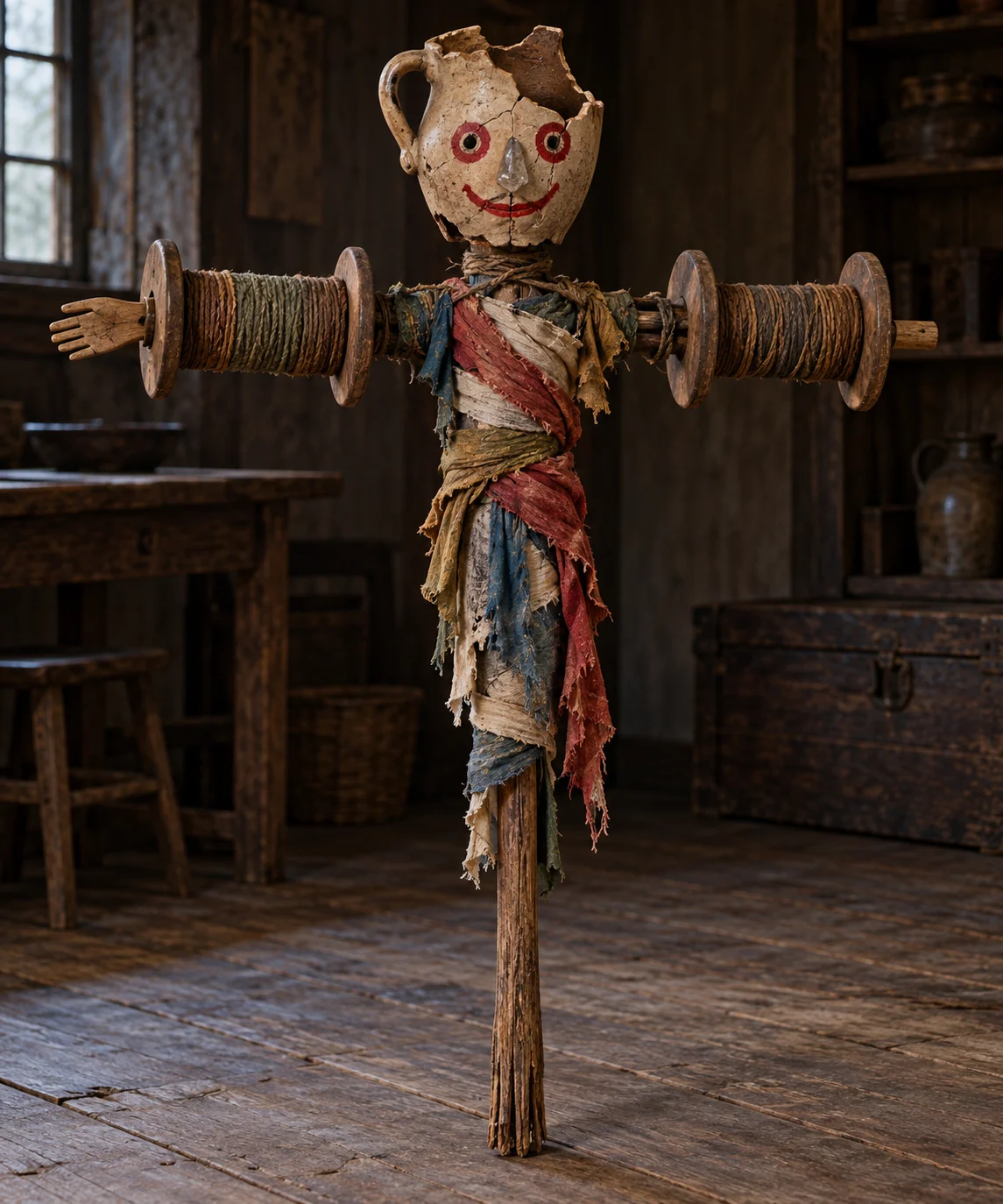 A complete broomstick figure has a broken jug head, glass nose, two wooden yarn-reel arms, red-painted face and coloured rags.