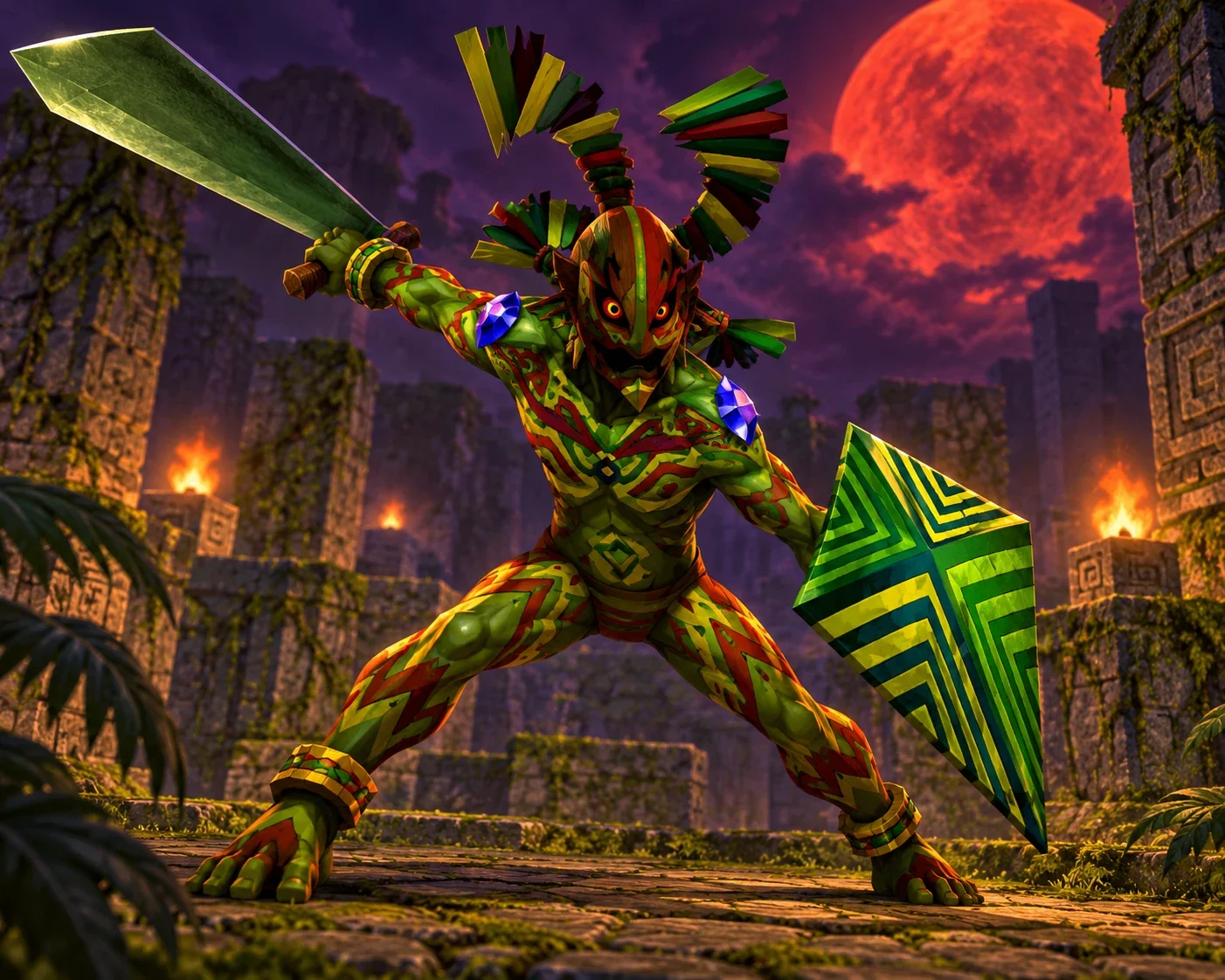 AI interpretation of original-game Odolwa with sword and shield.