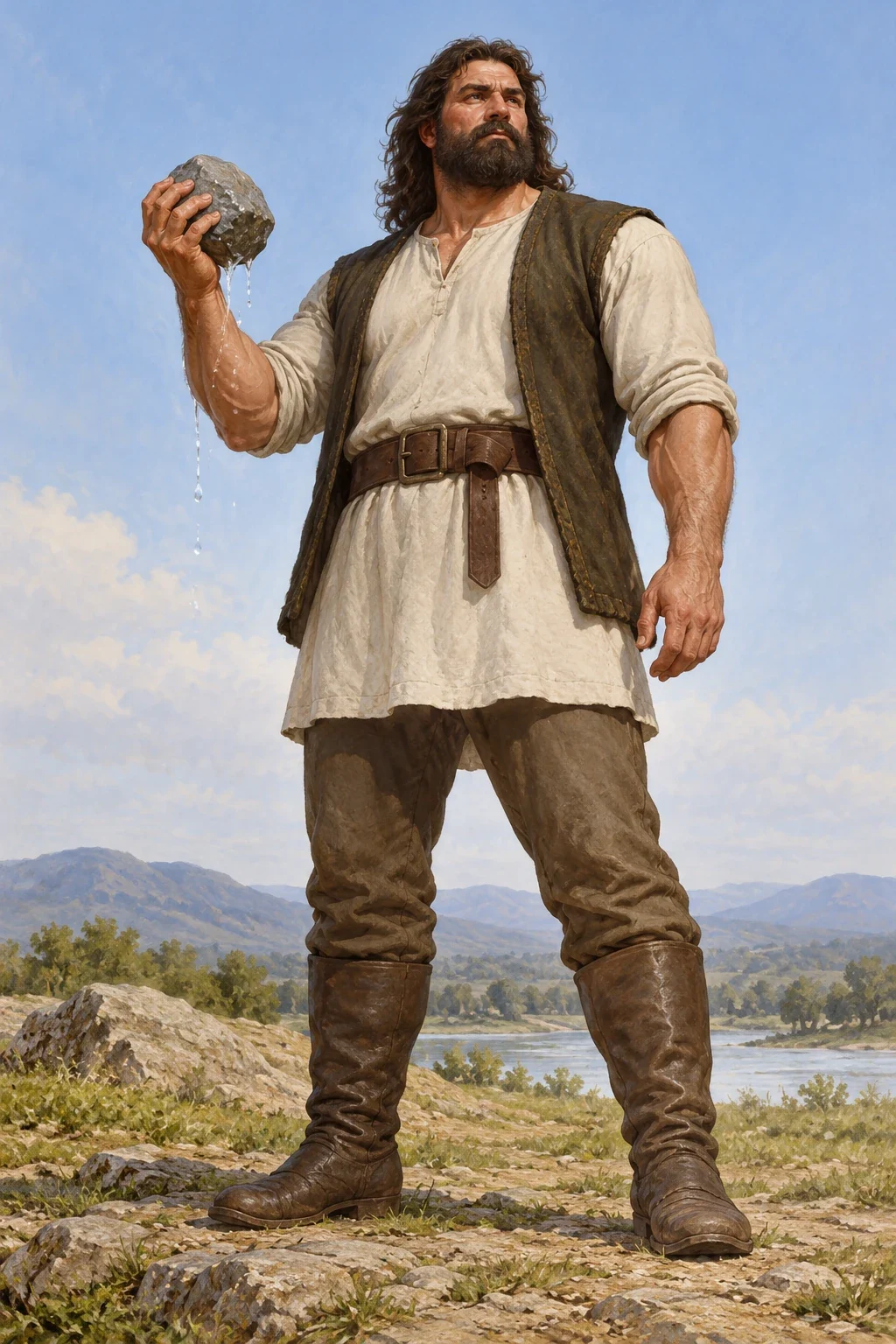 AI-generated human-shaped giant squeezing moisture from a stone in Wardrop’s Gurian tale