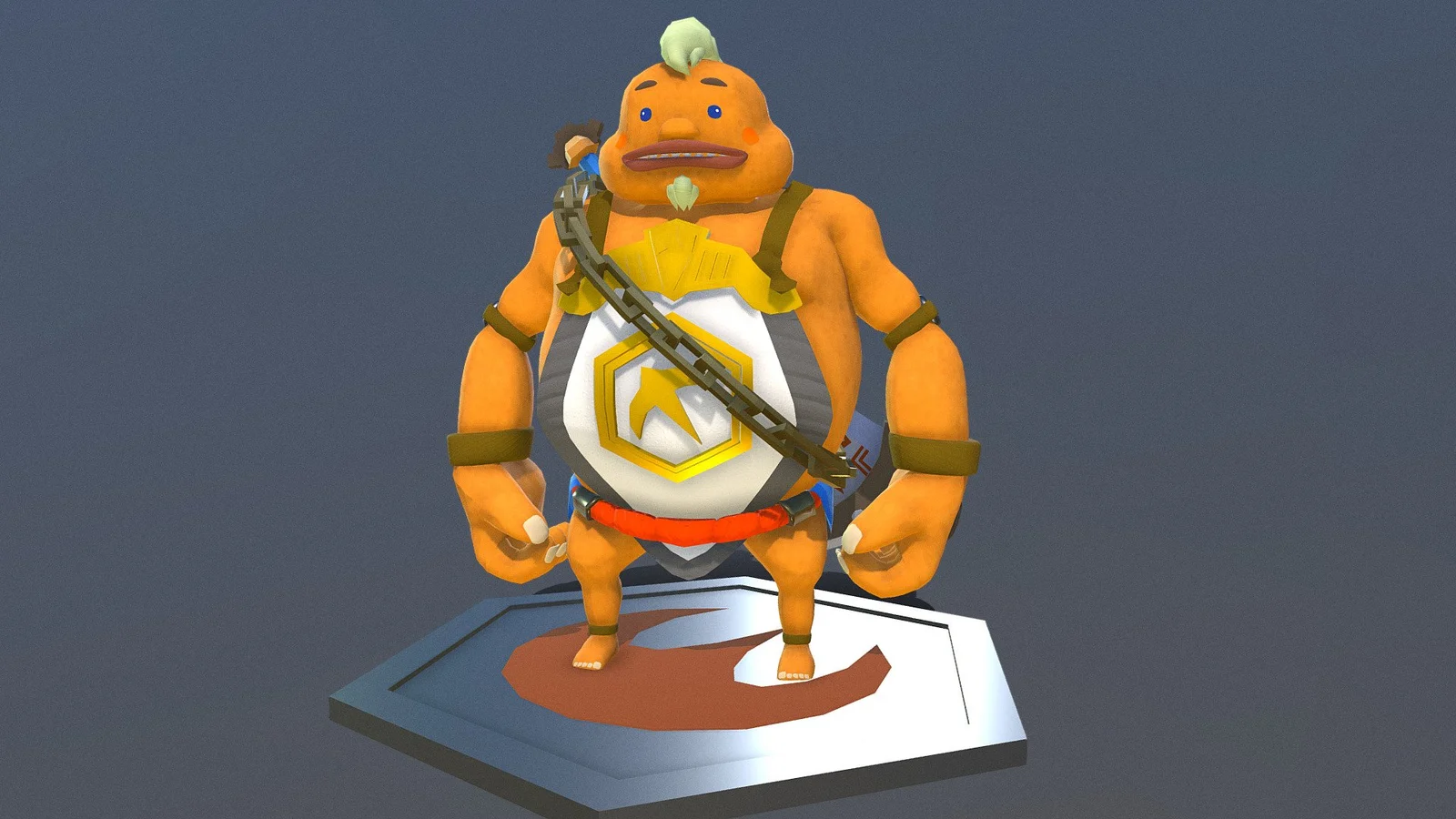 alexthebear’s Yunobo fan model: orange Goron with blue eyes and pale head tuft, white and gold chest gear, diagonal chain and red belt, standing on a marked silver display base.
