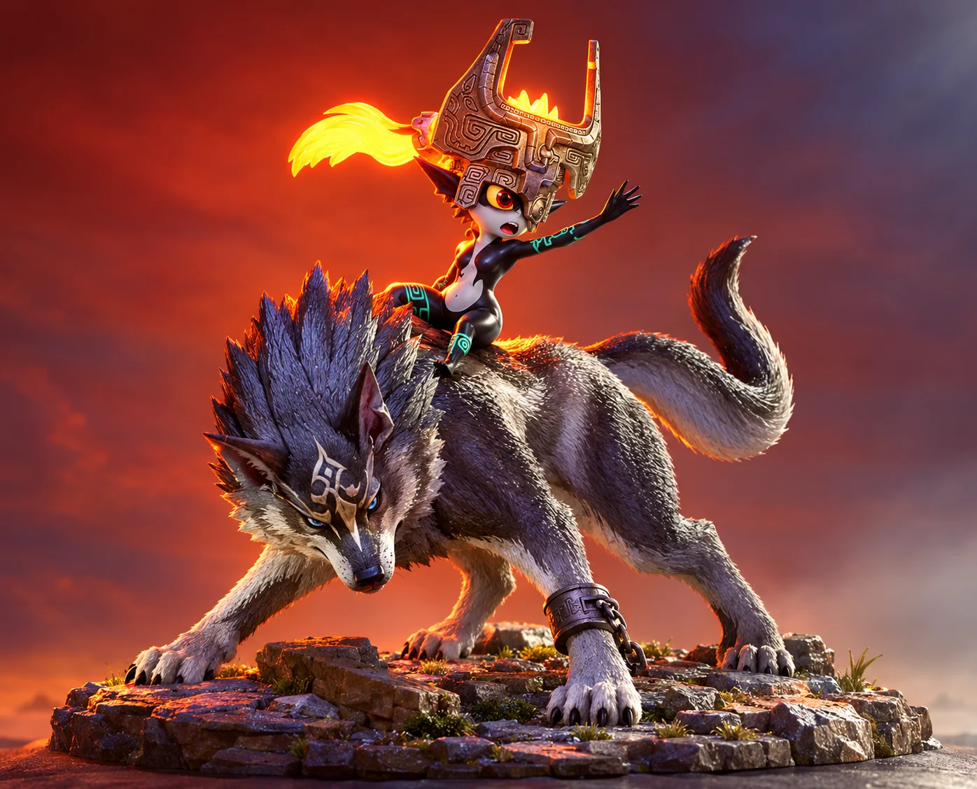 Midna riding Wolf Link.