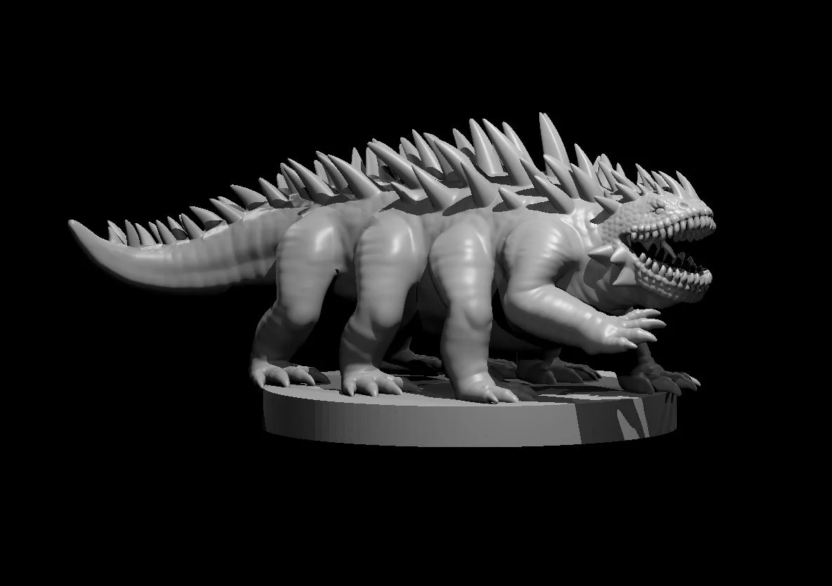 Grey eight-legged reptilian basilisk miniature with open toothed jaws, numerous dorsal spikes and long tail, on an oval base against black.
