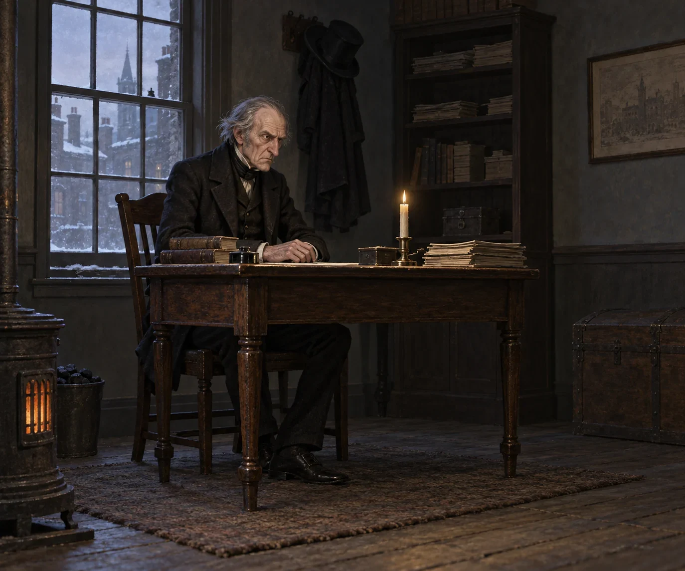 Imagined Ebenezer Scrooge in a quiet original-novel portrait.