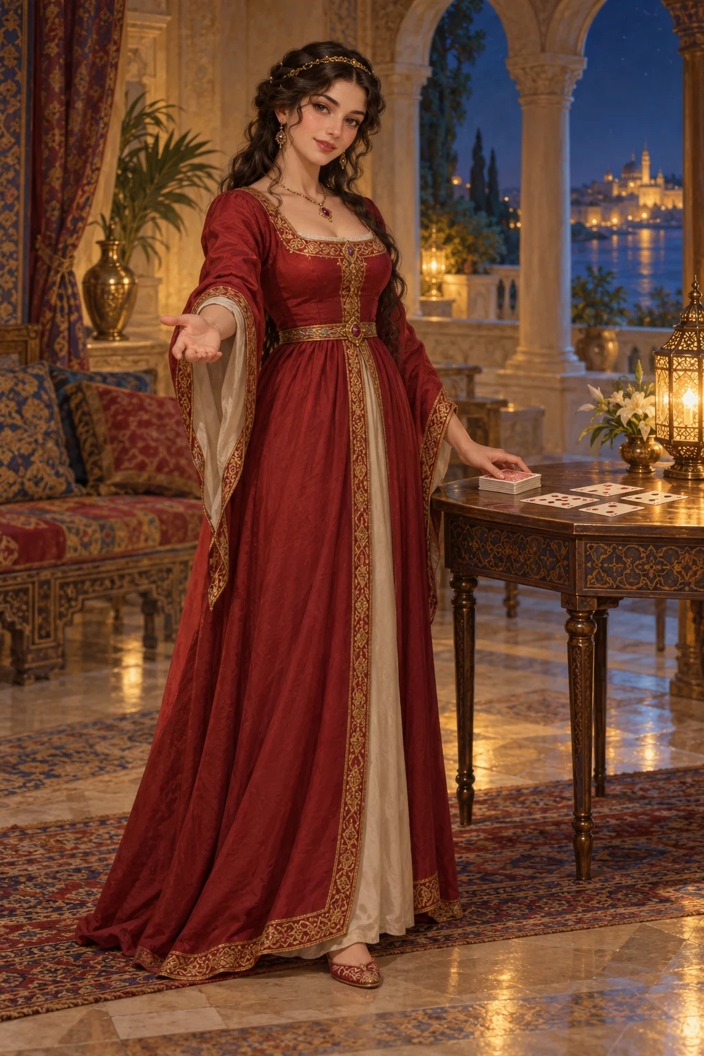 Whole adult sorceress standing beside a card table.