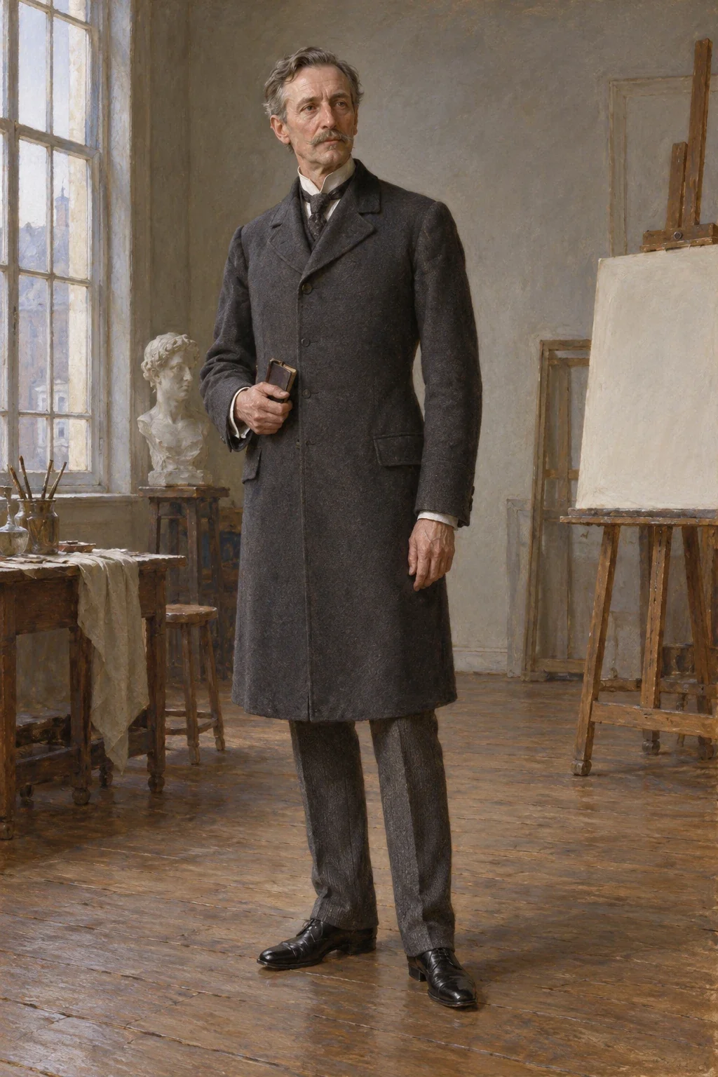 AI literary interpretation of Major Monarch standing upright in a fitted dark-gray walking coat during his first studio visit.