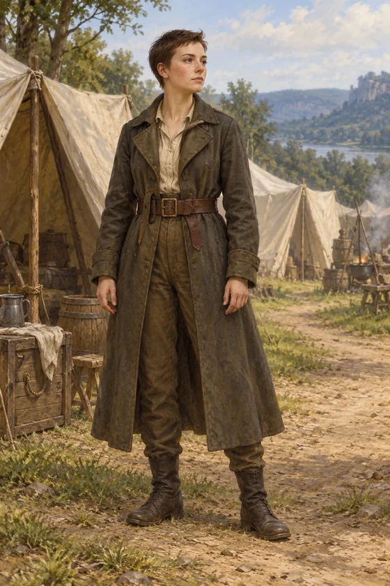 A complete short-haired adult woman wears plain military clothing beside a camp path